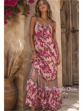MISS JUNE Boho Pink Floral Embroidered Embellished Tie Strap Flowy Maxi Dress